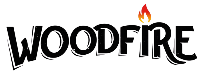The brand logo for Woodfire, featuring the word 'WOODFIRE' in a bold, stylized black font with a small red, orange, and yellow flame rising above the letter 'I', set against a solid white background.